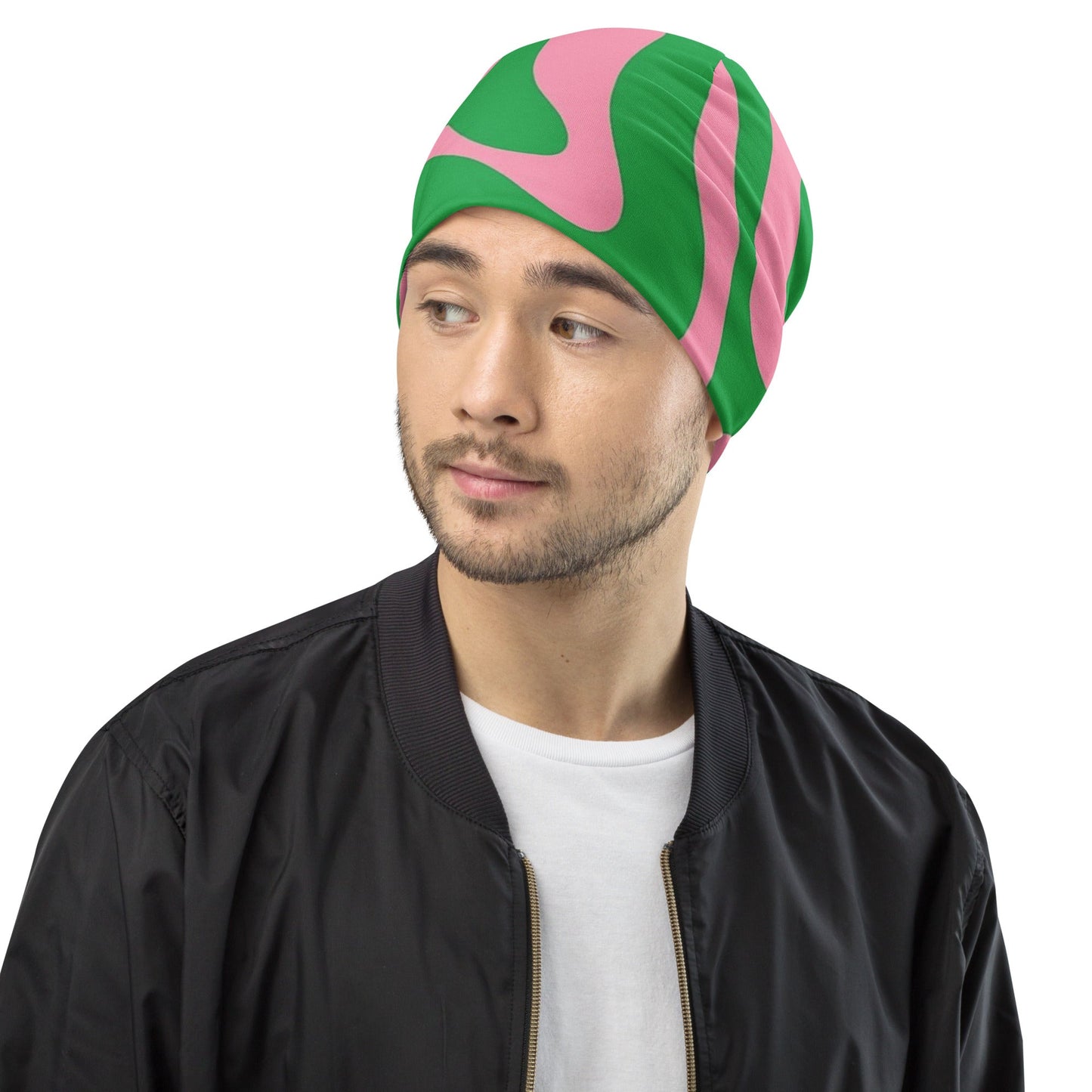 SO Wavy Colorblock Pink and Green Abstract Beanie Pretty Junkie Apparel