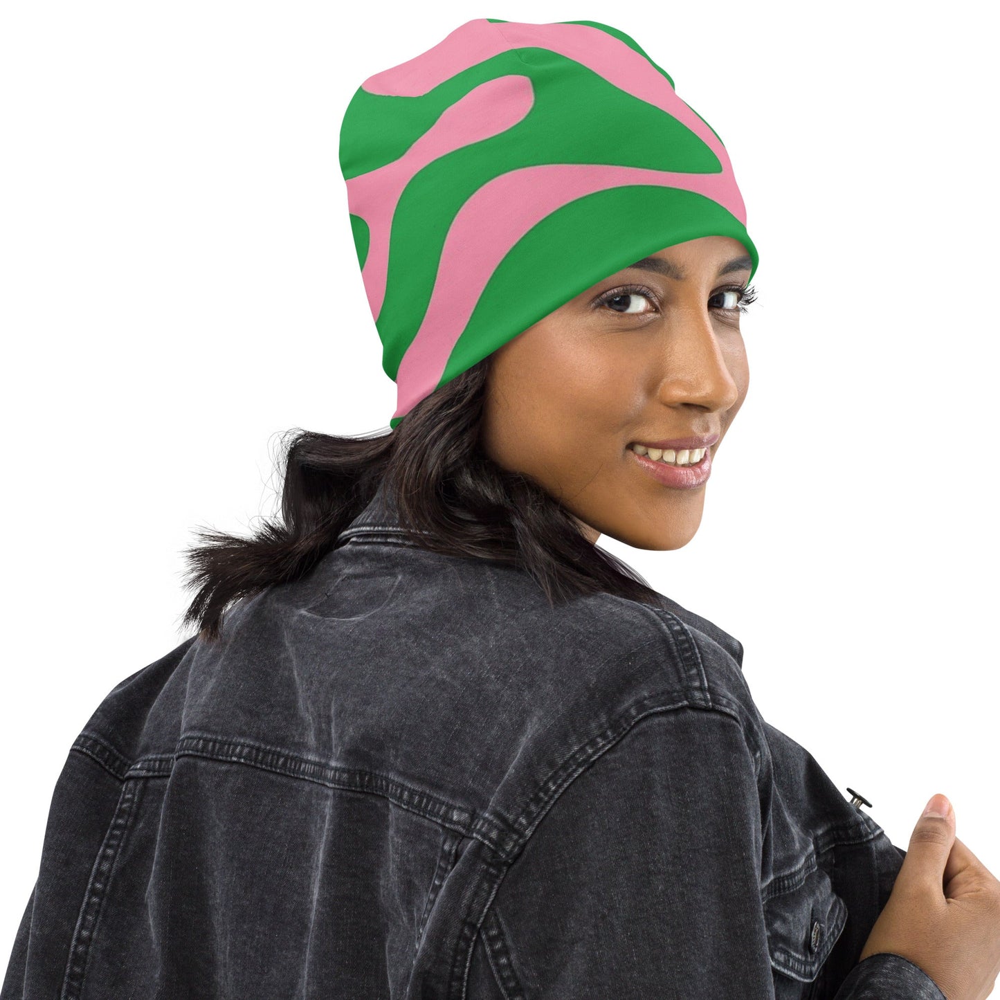 SO Wavy Colorblock Pink and Green Abstract Beanie Pretty Junkie Apparel