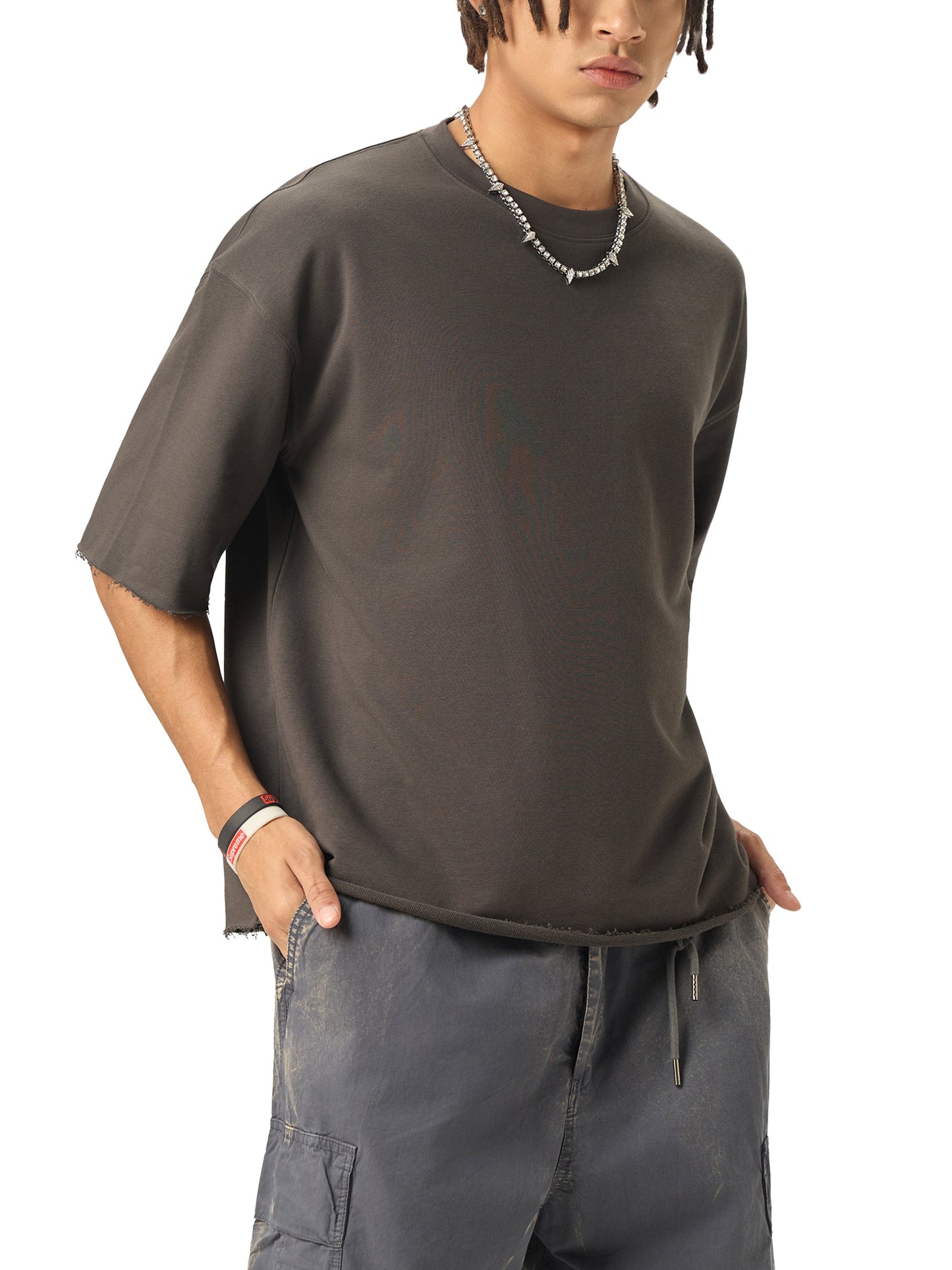 RiCHJVNKIE SOCIETY Boxy Half-Sleeve Raw-Edge T-Shirt ODMPOD