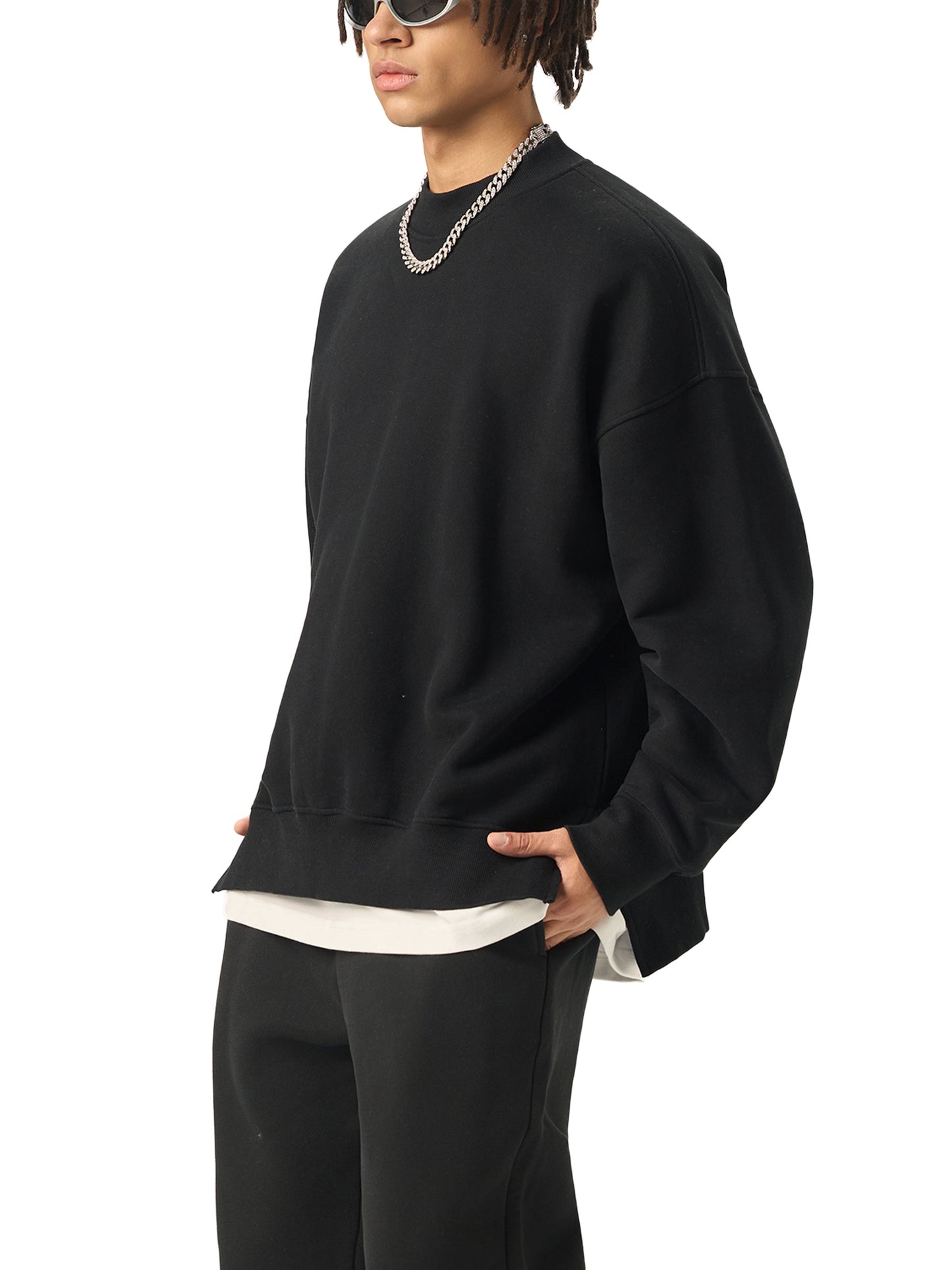 Fleece Side Slit Crewneck Sweatshirt ODMPOD