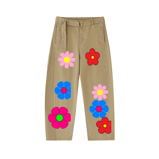 Flower Power Trendy Twisted-Seam Belted Curved-Blade Pants ODMPOD