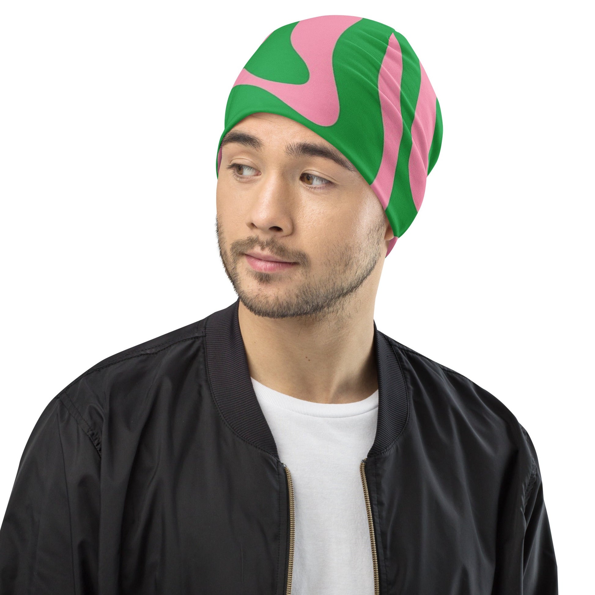 SO Wavy Colorblock Pink and Green Abstract Beanie Pretty Junkie Apparel
