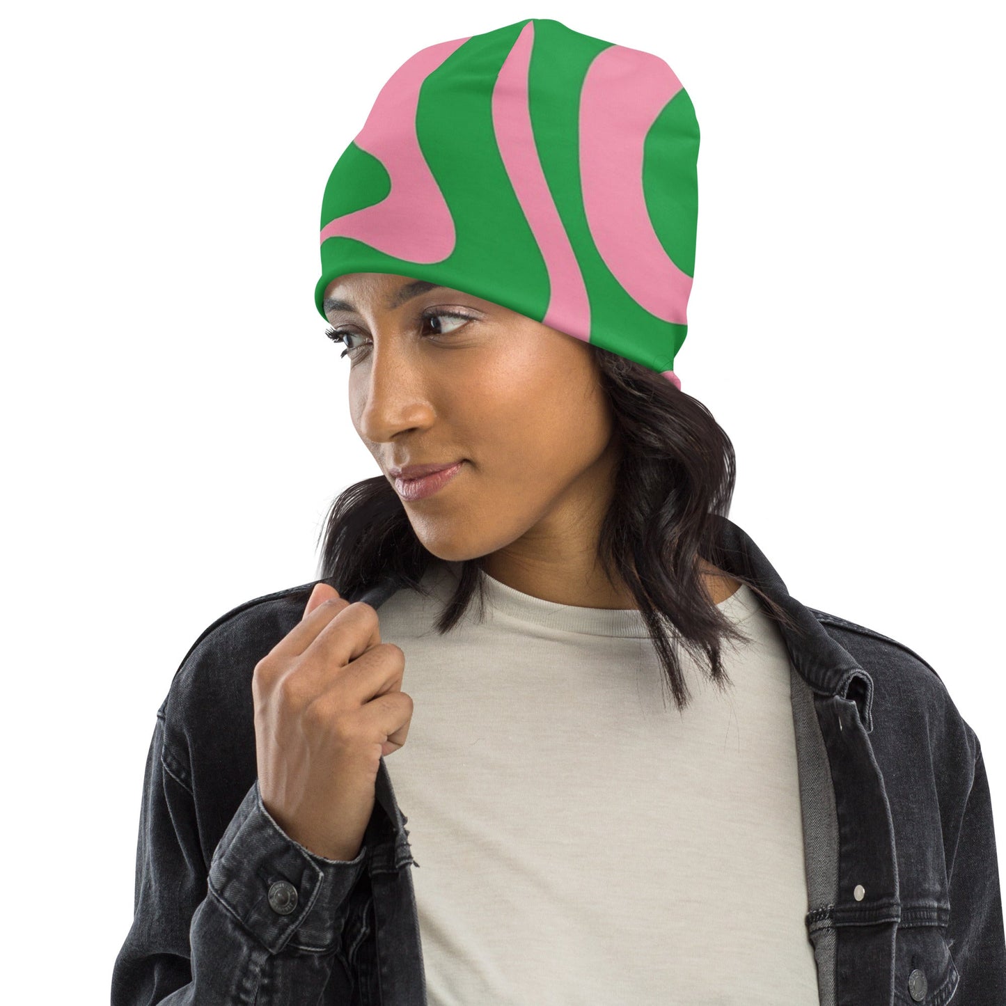 SO Wavy Colorblock Pink and Green Abstract Beanie Pretty Junkie Apparel