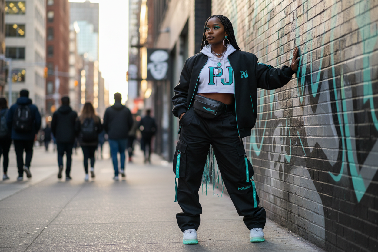 black woman in prettyjunkie clothing urban lifestyle