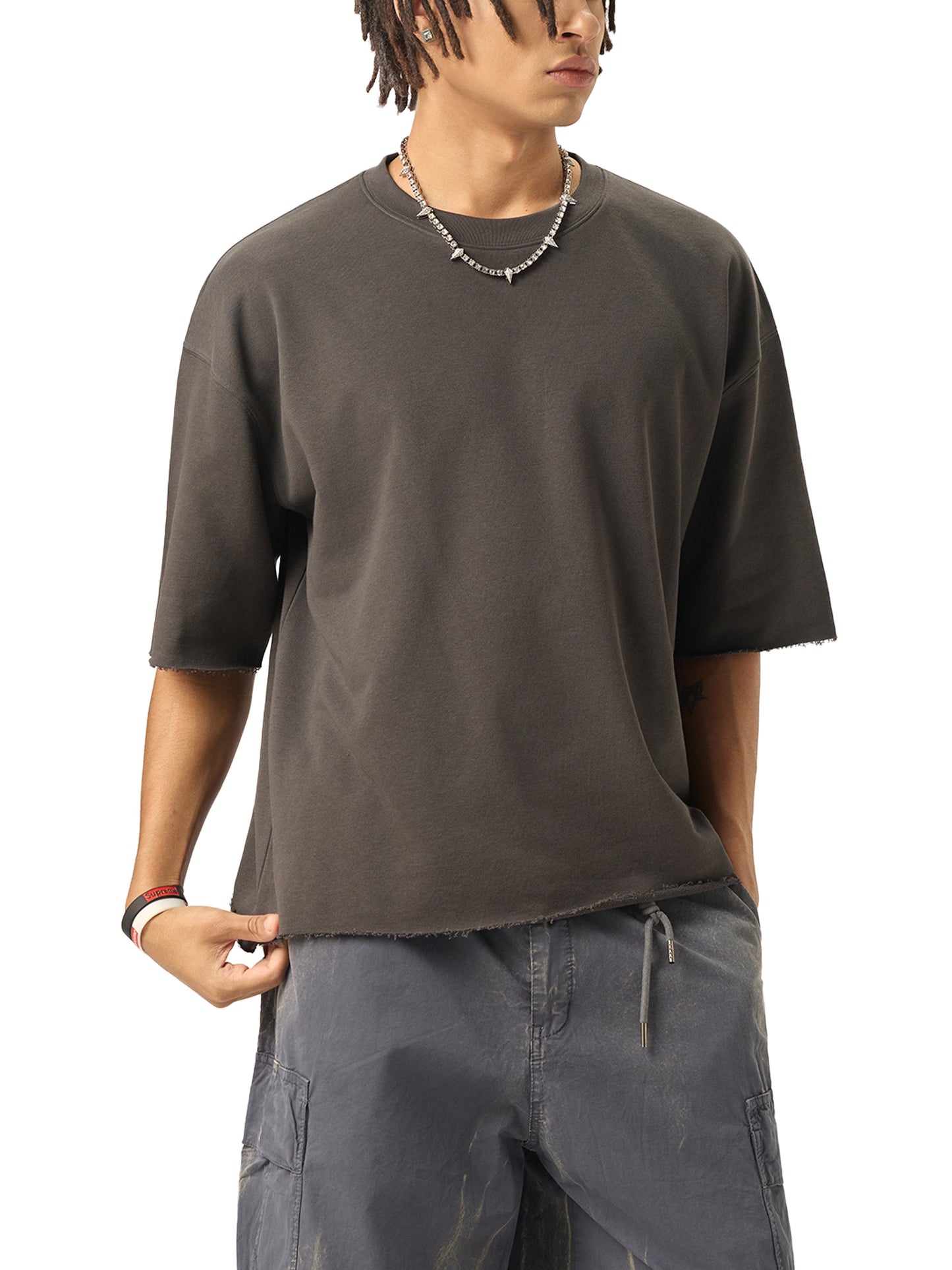 RiCHJVNKIE SOCIETY Boxy Half-Sleeve Raw-Edge T-Shirt ODMPOD