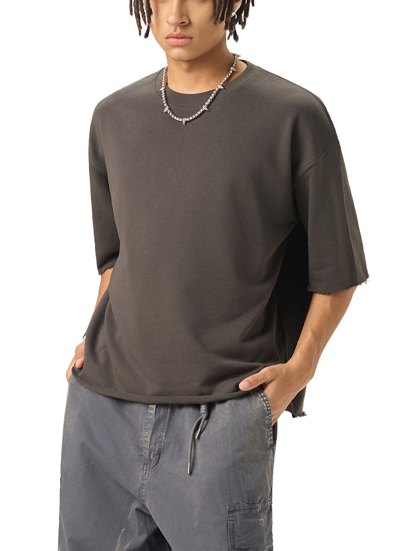 RiCHJVNKIE SOCIETY Boxy Half-Sleeve Raw-Edge T-Shirt ODMPOD