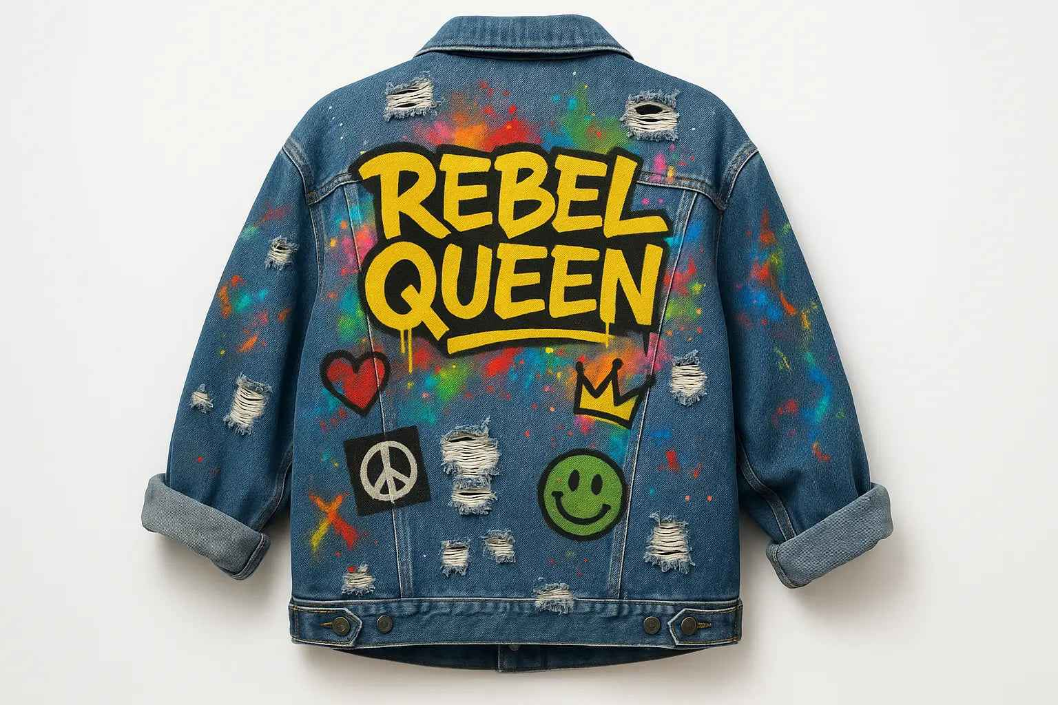 PrettyJunkie Rebel Queen Graffiti Jacket - Distressed Denim - Pretty Junkie Apparel